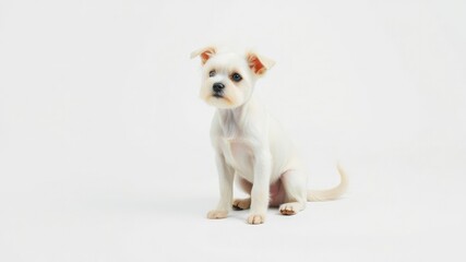 A small white dog with a wagging tail sits alone on a clean white background, surrounded by nothing but its own playful energy and curiosity, funny dog, playful expression