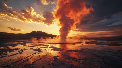 Fiery sunset over geyser, steam rising.