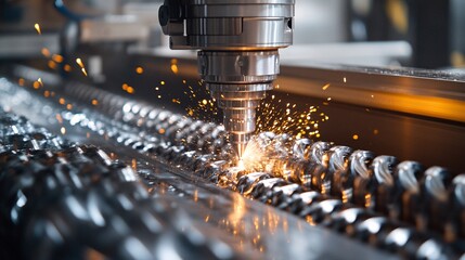 Industrial robotic arm with a drill in action, drilling into metal or material on a production line, demonstrating robotic efficiency in manufacturing.
