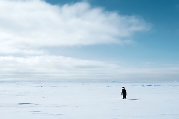 Solitary penguin walks across a pristine Antarctic landscape under dramatic clouds.