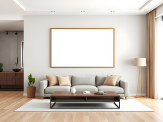 Frame mockup, ISO A paper size. Living room wall poster mockup. Interior mockup with house background. Modern interior design. 3D render