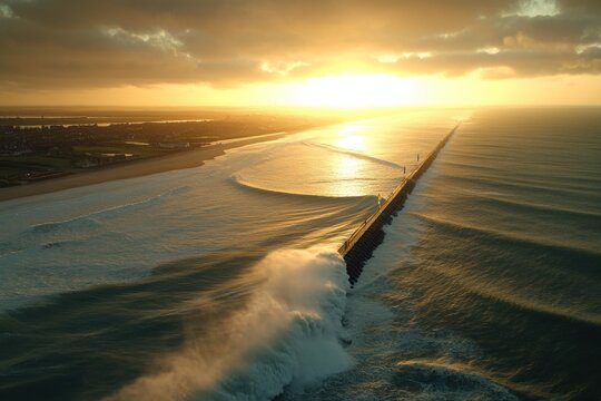 Golden sunset over ocean waves crashing against a long jetty.  Serene coastal scene.