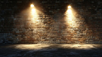 Obraz premium Dark brick wall background with two spotlights illuminating a grunge floor.