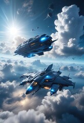 A spaceship flies through the atmosphere of a mysterious blue world, with wispy clouds and misty fog, intergalactic journey, wispy clouds, spaceship