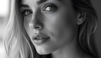 Fototapeta premium Woman's Face: Monochromatic Portrait, Soft Light, Realistic Style