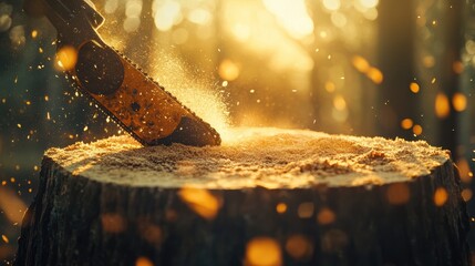 Chainsaw Cutting Wood in Glowing Forest Light