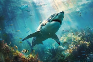 Fototapeta premium Great white shark swimming in blue ocean water near coral reef with sunbeams and small fishes