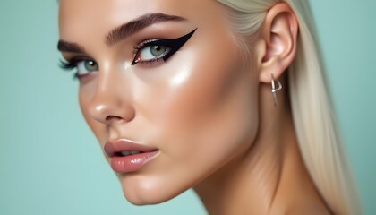 Fototapeta premium Blond Beauty: Close-up Portrait with Dramatic Winged Liner