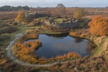 Fototapeta premium Ancient stone ruins beside a tranquil pond, autumn colors paint the landscape.