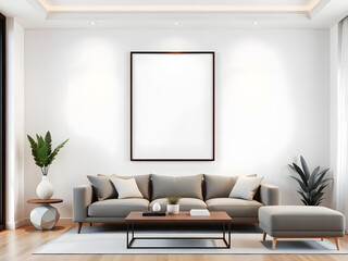 Frame mockup, ISO A paper size. Living room wall poster mockup. Interior mockup with house background. Modern interior design. 3D render