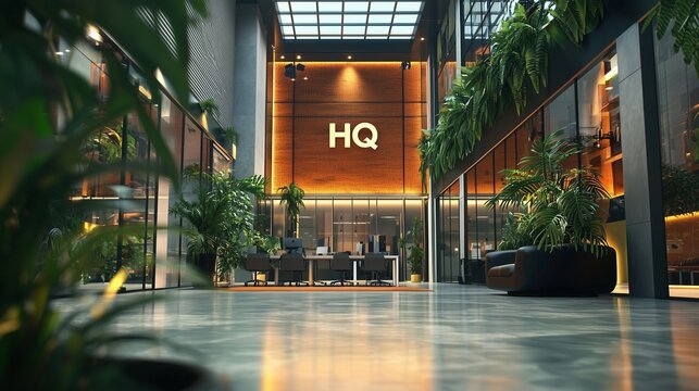 Modern corporate hq with sleek design and greenery.