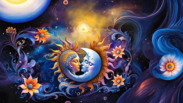 Surreal Artistic Illustration of Sun and Moon Faces Surrounded by Cosmic Elements, Swirling Patterns, and Flowers

