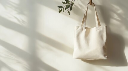 stylish tote bag mockup in neutral tones, hanging on a simple hook, with a soft gradient wall as the backdrop