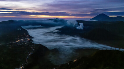 From a drone view at sunrise. Outdoor photo of view of mount Bromo, East Java, Bromo Tengger Semeru National Park, Indonesia.