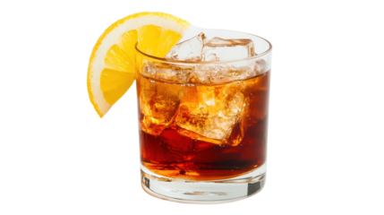 A refreshing cocktail served in a glass with ice and a lemon slice, perfect for summer gatherings or relaxing evenings.