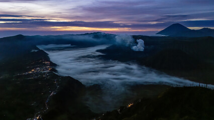 From a drone view at sunrise. Outdoor photo of view of mount Bromo, East Java, Bromo Tengger Semeru National Park, Indonesia.