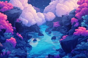 Fototapeta premium A Mystical River Valley with Pink and Blue Trees Under a Starry Night Sky