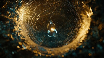 Glowing droplet in cracked glass orb.