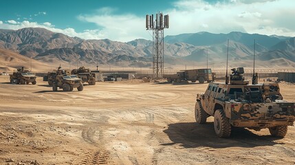 Desert military base with vehicles, tents, and communication tower symbolizes strategic logistics.