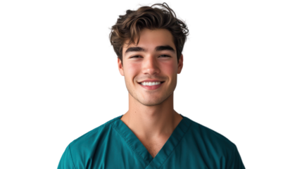 A smiling young man wearing green scrubs, exuding confidence and approachability, suitable for healthcare or medical themes.