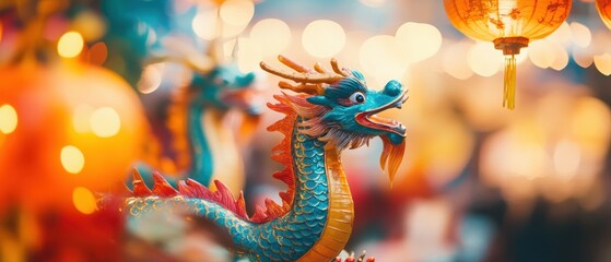 Fototapeta premium Colorful dragon decoration in a vibrant festival setting filled with lanterns and celebrations