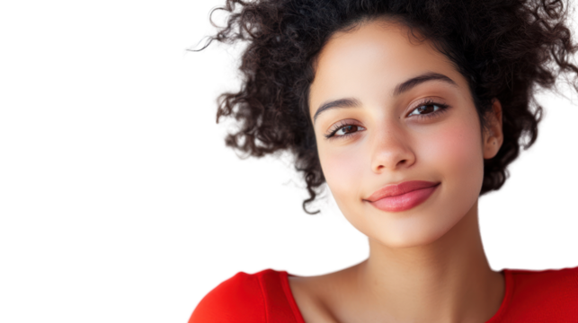 Smiling young woman with curly hair wearing a red top, showcasing natural beauty and confidence against a white background.