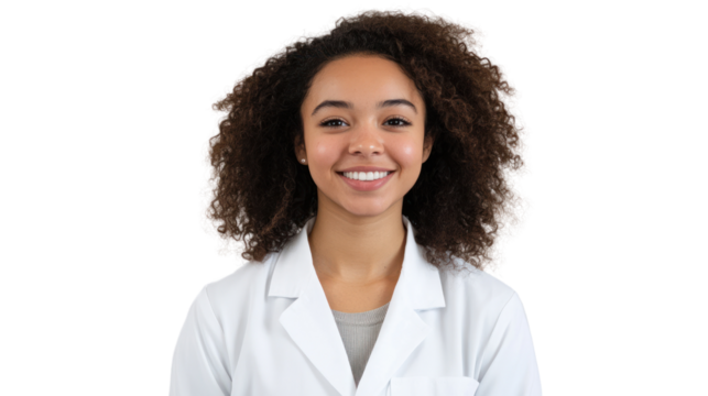 A confident young woman smiling in a lab coat, representing health care, education, and professionalism, isolated on a white background.