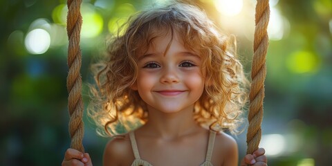 Adorable Curly-Haired Girl on a Swing, Joyful Childhood Moments in a Lush Garden