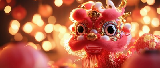 Fototapeta premium Colorful dragon decoration in a vibrant festival setting filled with lanterns and celebrations