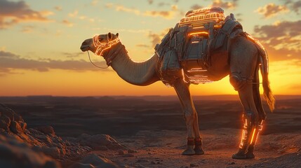 Futuristic camel with glowing tech gear in desert sunset.