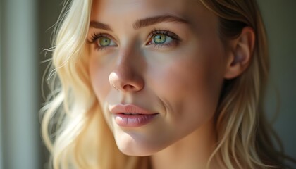 Fototapeta premium Blond Woman's Serene Gaze: Sunlit Portrait, Soft Beauty
