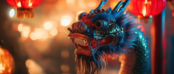 Fototapeta premium Colorful dragon decoration in a vibrant festival setting filled with lanterns and celebrations