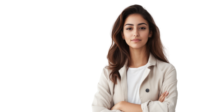 Confident woman standing with arms crossed, wearing a casual outfit, exhibiting a strong and poised demeanor against a white isolated background.