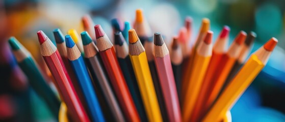 Fototapeta premium Bright colored pencils arranged in a holder, showcasing creativity and artistic potential during a sunny afternoon