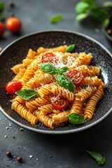 Pasta with cherry tomatoes and cheese in Italian style. Aesthetic food photography of a traditional Mediterranean dish.