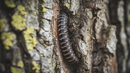 Close-up of a millipede crawling on tree bark.