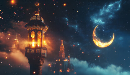 Ramadan Kareem background.Crescent moon at a top of a mosque.Islamic greeting  Eid Mubarak cards for Muslim Holidays.Eid-Ul-Adha festival celebration