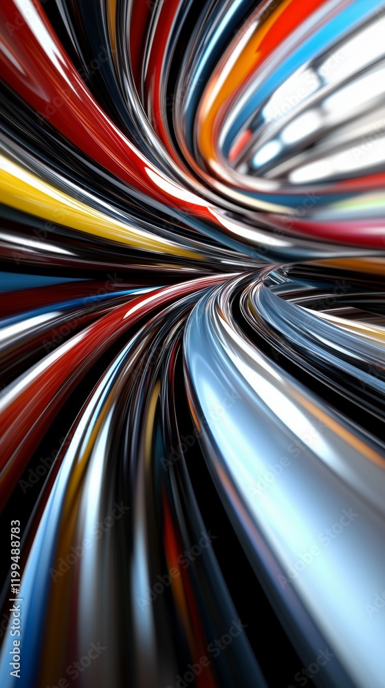 Poster a colorful spiral of lines and curves. the colors are red, yellow, and blue. the lines are thin and 
