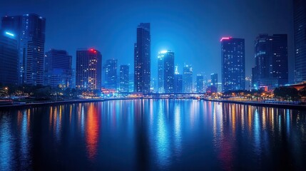 Naklejka premium A vibrant city skyline at night, illuminated by colorful lights reflecting on a tranquil river.