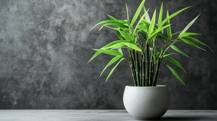 Fototapeta premium Delicate Bamboo Plant in a Simple Ceramic Pot on Gray Background