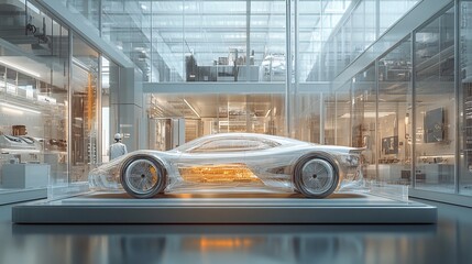 Obraz premium High-tech automotive facility featuring a transparent 3D car model on a platform, showcasing vehicle design and detailed engineering elements.