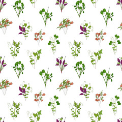 Micro green sprouts seamless pattern. Hand drawn different greens in doodle style, vector illustration on white background. Decorative for wrapping and packaging, organic plants