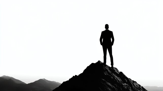 A businessman silhouette, standing on a mountain peak, sunrise behind, symbolizing leadership and success, isolated on white background