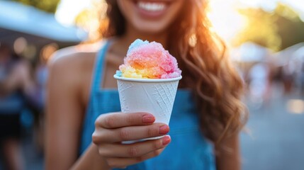 Selective focus photography of a smiling woman, holding a white paper cup with a rainbow colored shaved ice, morning light bokeh blurred background.