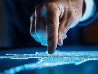 A leader pointing at a glowing map, representing strategic management and guidance, blue and silver, isolated on white background