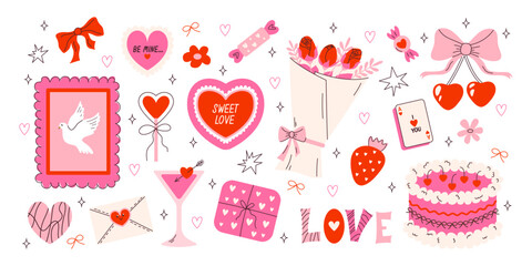 Valentines day hand drawn elements set. Trendy vintage stickers. Heart, bouquet of flowers, gift, bow, sweet cake and cherry. Vector modern illustration.