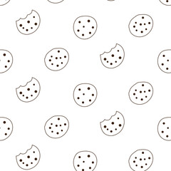 Obraz premium Choco chip cookies outline seamless pattern. Cute motifs for baby clothes, food and beverages background. hand drawing style.