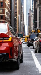 A red car is parked on a city street. The car is in the middle of the street and is surrounded by other cars. The street is busy with traffic and the cars are moving in different directions