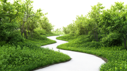 A serene winding river flowing through lush greenery, surrounded by vibrant trees and rich vegetation, showcasing the beauty of nature.