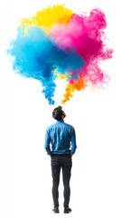 A professional brainstorming with holographic thought clouds, innovation and ideas concept, pastel colors, isolated on white background